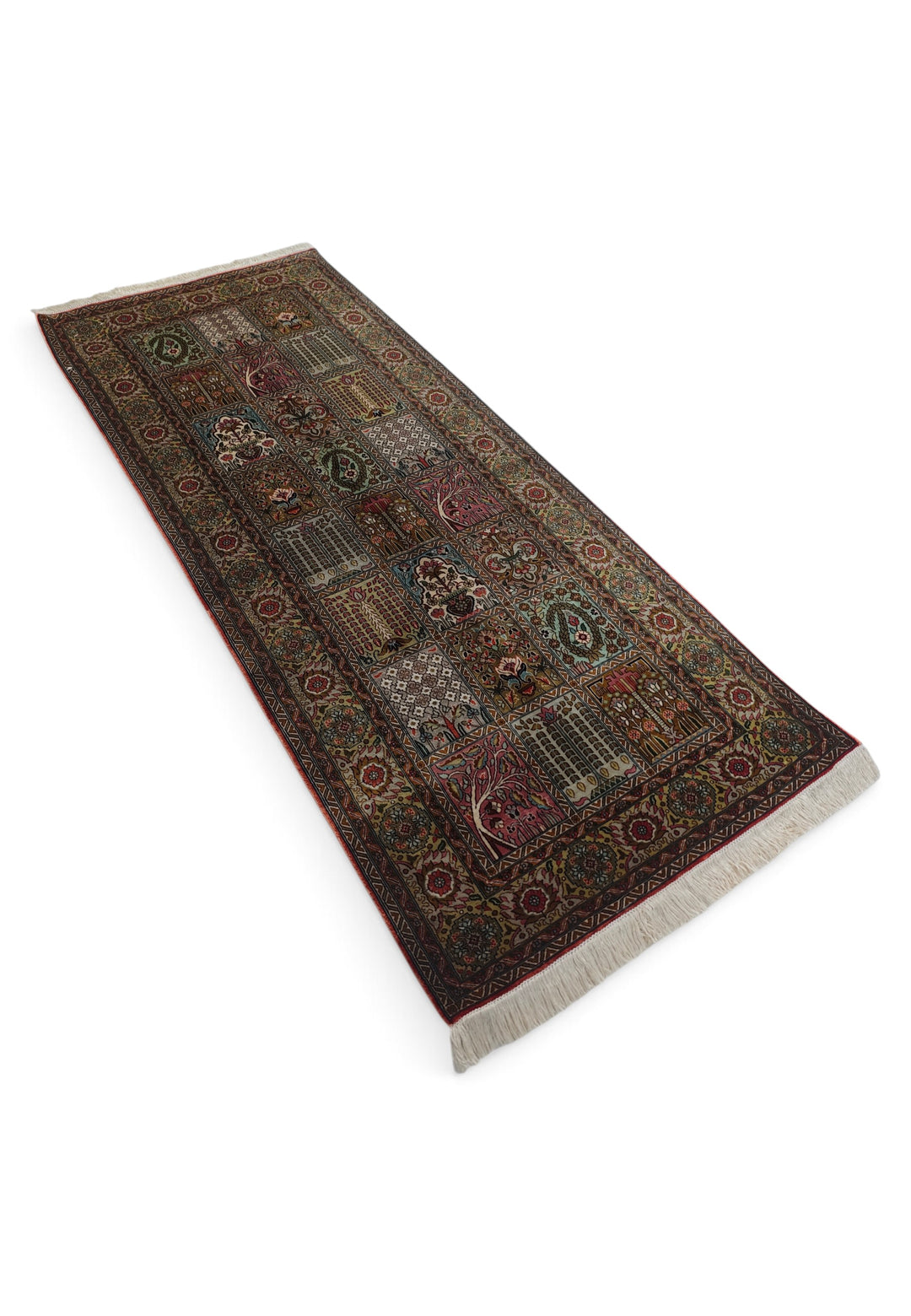 Taupe and Cream Khesti Garden Panel, Hand-Knotted Silk Rug