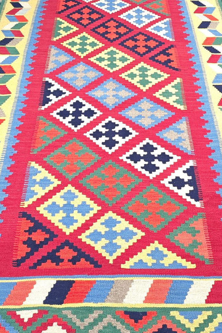Cerise and Green Qashqai Medallion Kilim, Hand-Woven Wool