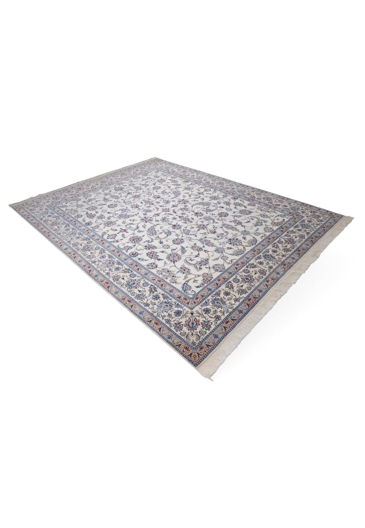 Ivory and Salmon All-Over Arabesque Nain, Hand-Knotted Wool Rug