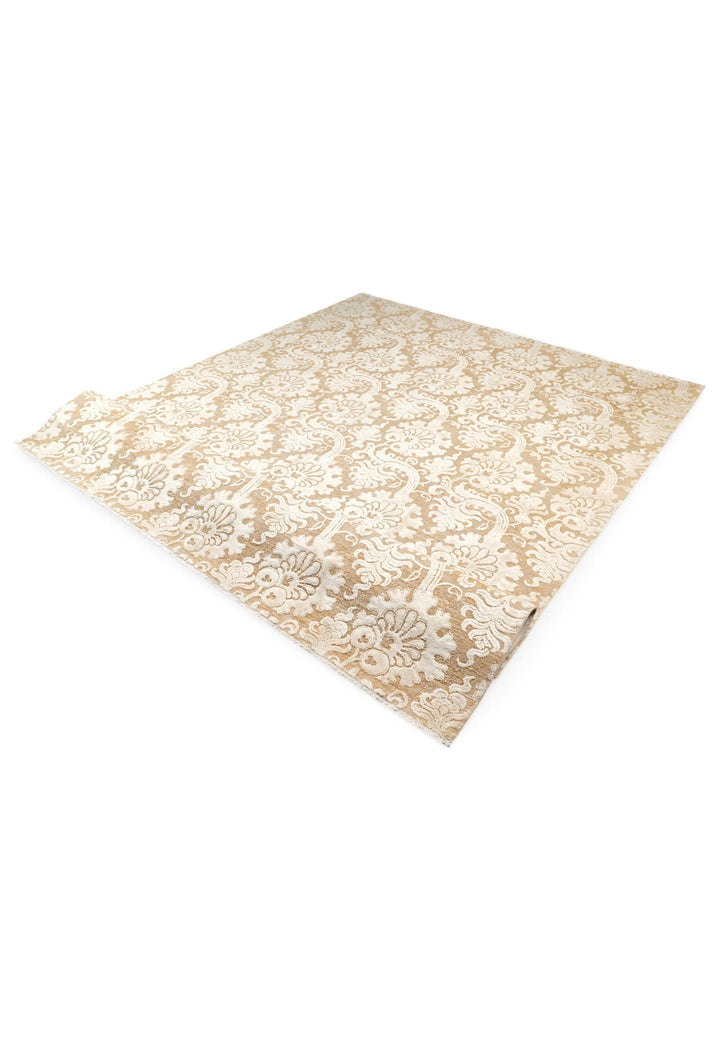 Ivory and Camel Damask Ghazni, Hand-Knotted Wool and Silk Rug