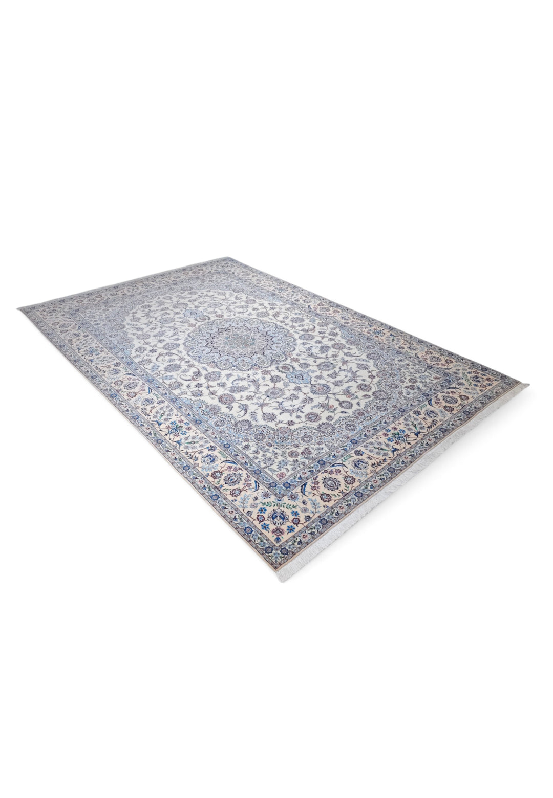 Ivory and Blue Bird Border Medallion Nain, Hand-Knotted Wool Rug