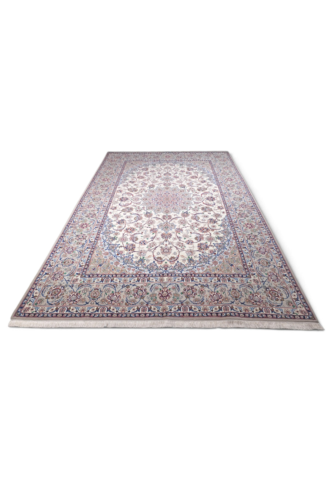 Ivory and Grey Medallion Yazdani Isfahan, Hand-Knotted Wool Rug