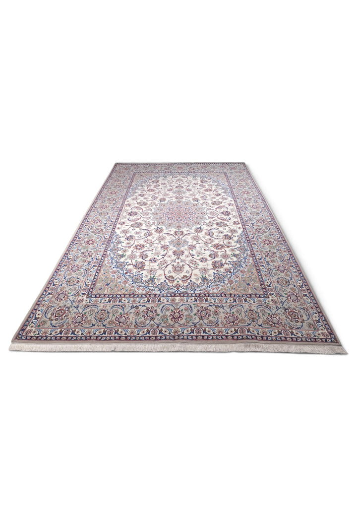 Ivory and Grey Medallion Yazdani Isfahan, Hand-Knotted Wool Rug
