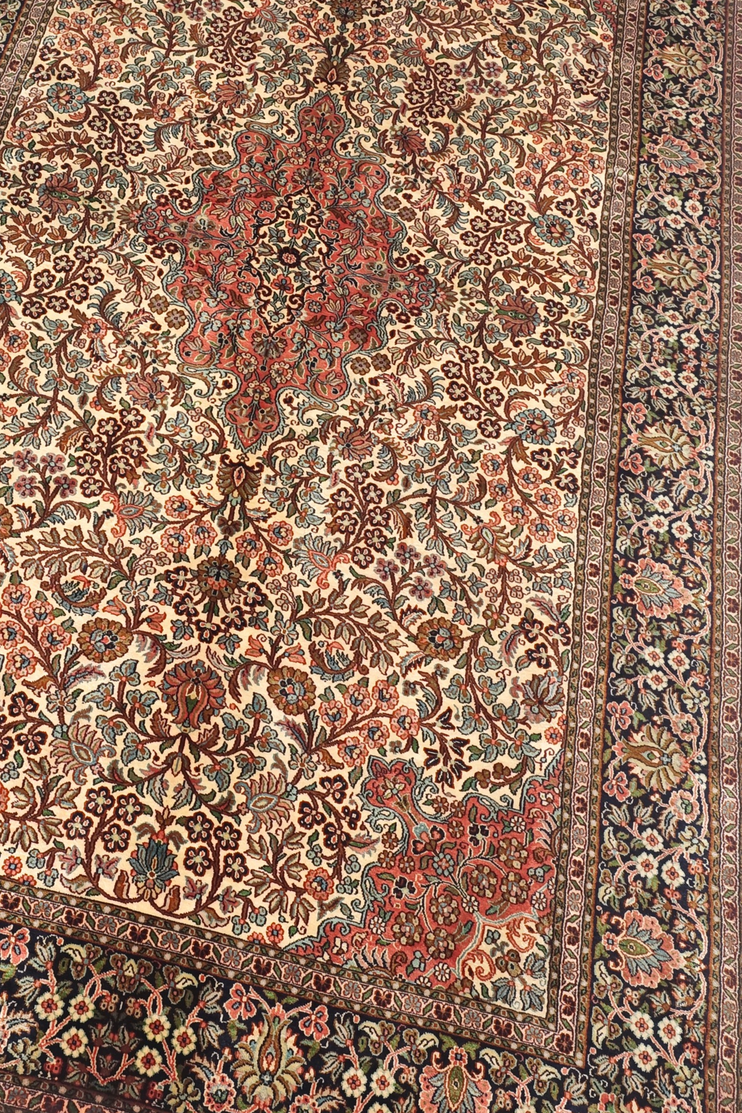 Ivory and Rust Floral Medallion, Hand-Knotted Silk Rug