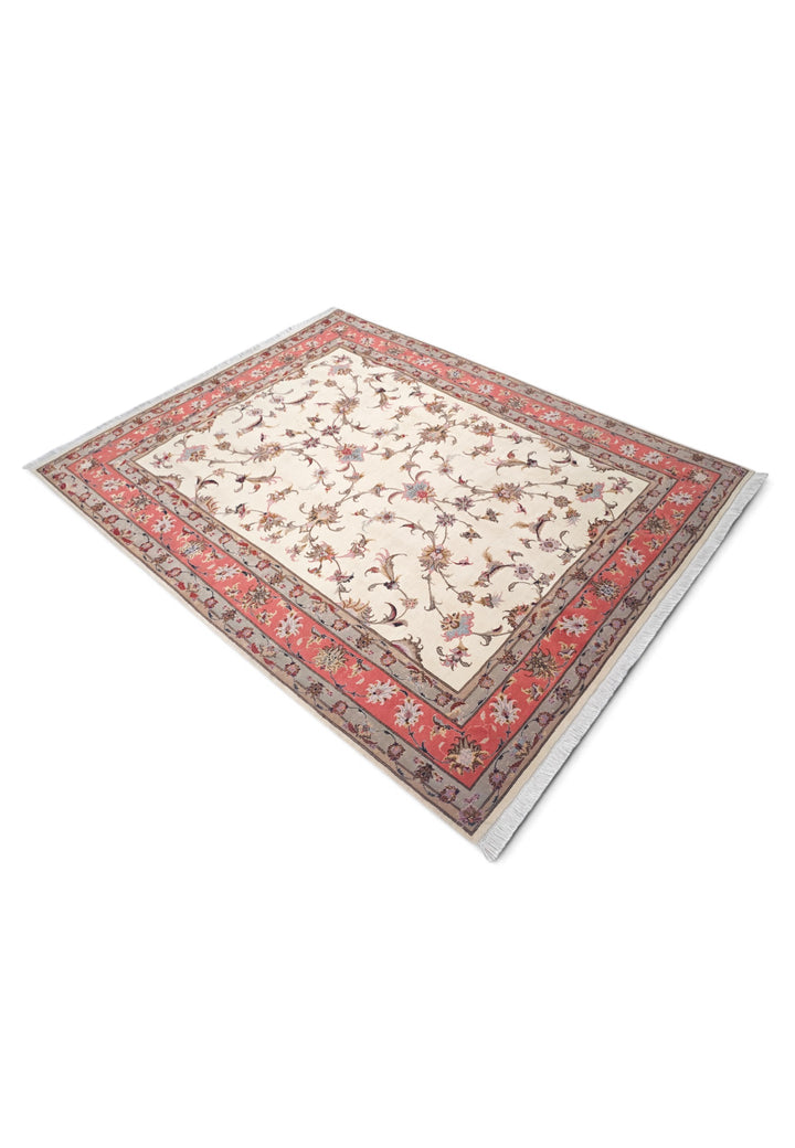 Ivory and Coral Serrated Leaf Tabriz, Hand-Knotted Wool Rug