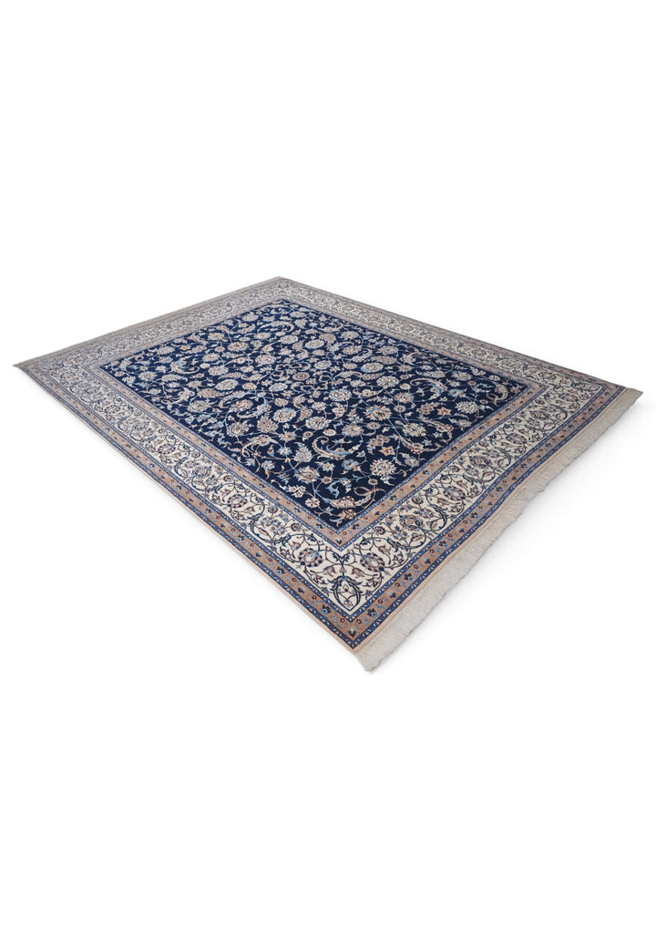 Navy and Ivory All-Over Arabesque Nain, Hand-Knotted Wool Rug