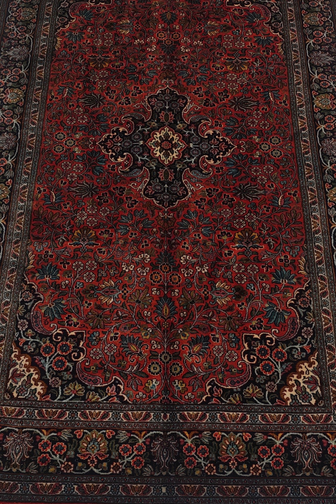 Deep Red and Navy Cloudband Medallion, Hand-Knotted Silk Rug