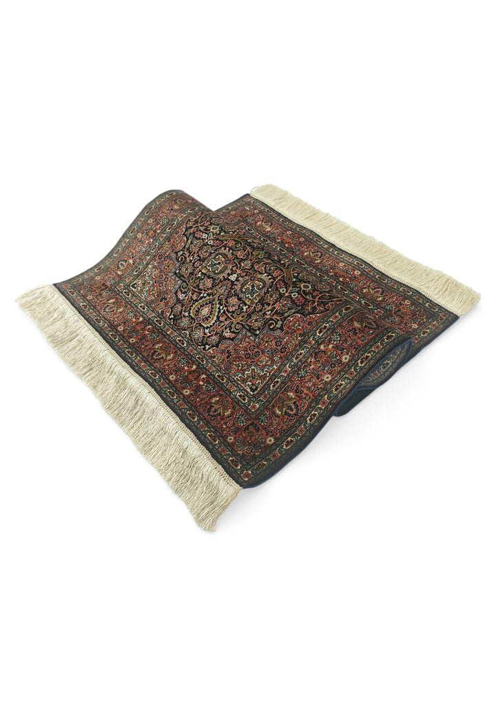 Dark Brown and Brick Red Stepped Medallion, Hand-Knotted Silk Rug