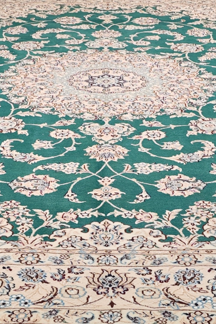 Teal Medallion Persian Nain, Hand-Knotted Wool Rug