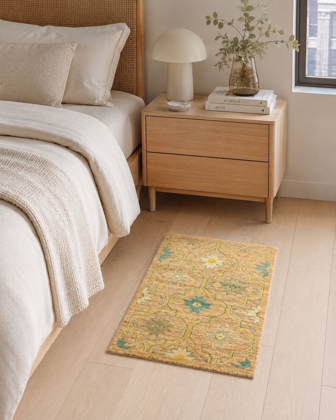 Gold &amp; Green Floral Gabbeh, Hand-Knotted Afghan Wool Rug