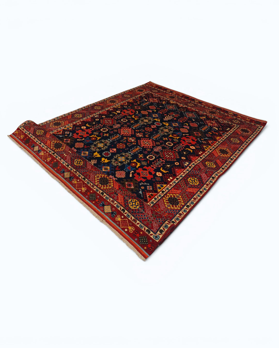 Navy &amp; Red Shemakha Rug, Hand-Knotted Afghani Sherwan
