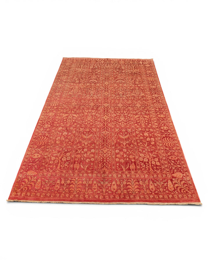 Terracotta Red Garden-Panel Ghazni, Hand-Knotted Afghan Wool &amp; Silk Rug
