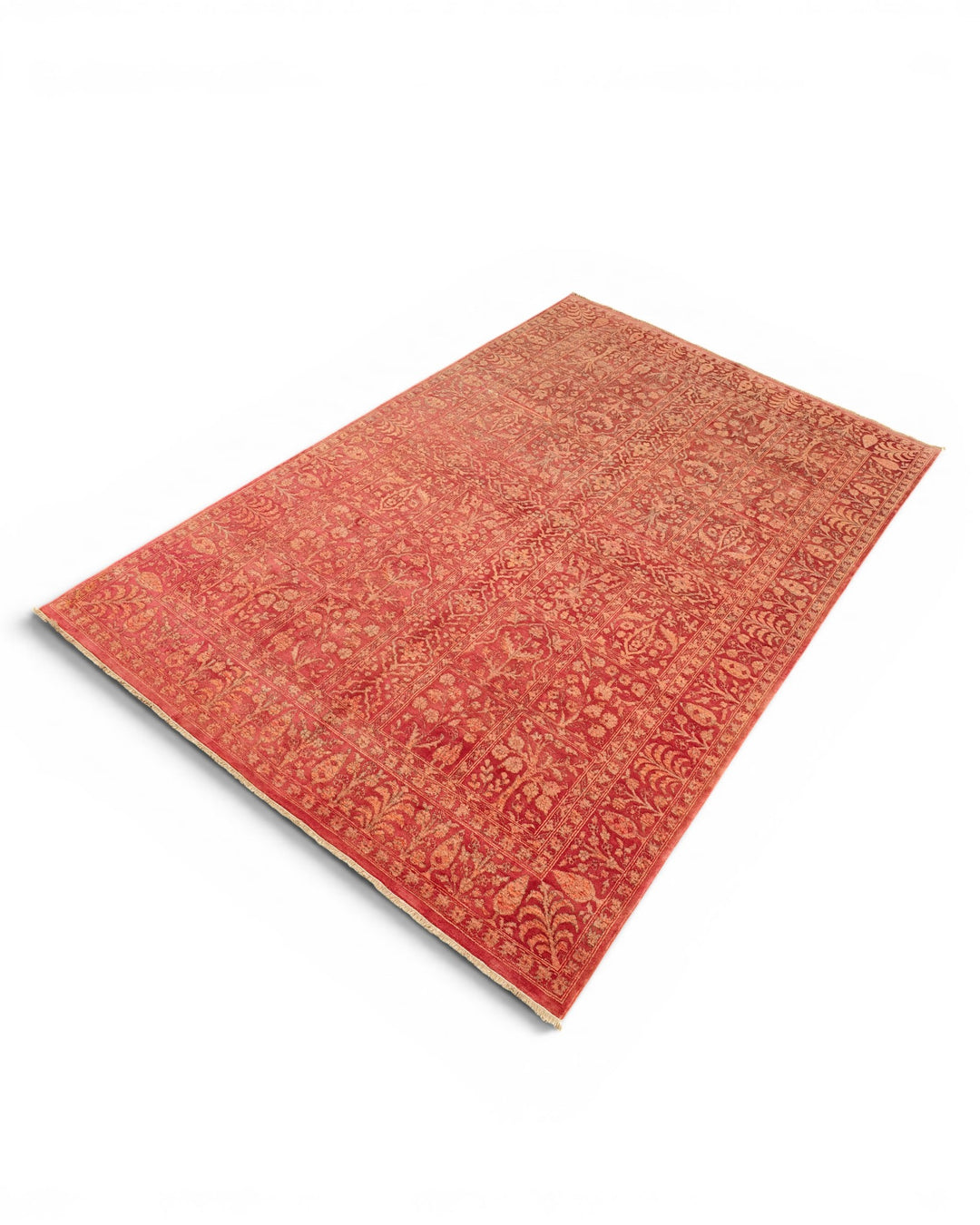 Terracotta Red Garden-Panel Ghazni, Hand-Knotted Afghan Wool &amp; Silk Rug