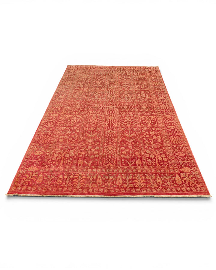 Terracotta Red Garden-Panel Ghazni, Hand-Knotted Afghan Wool &amp; Silk Rug