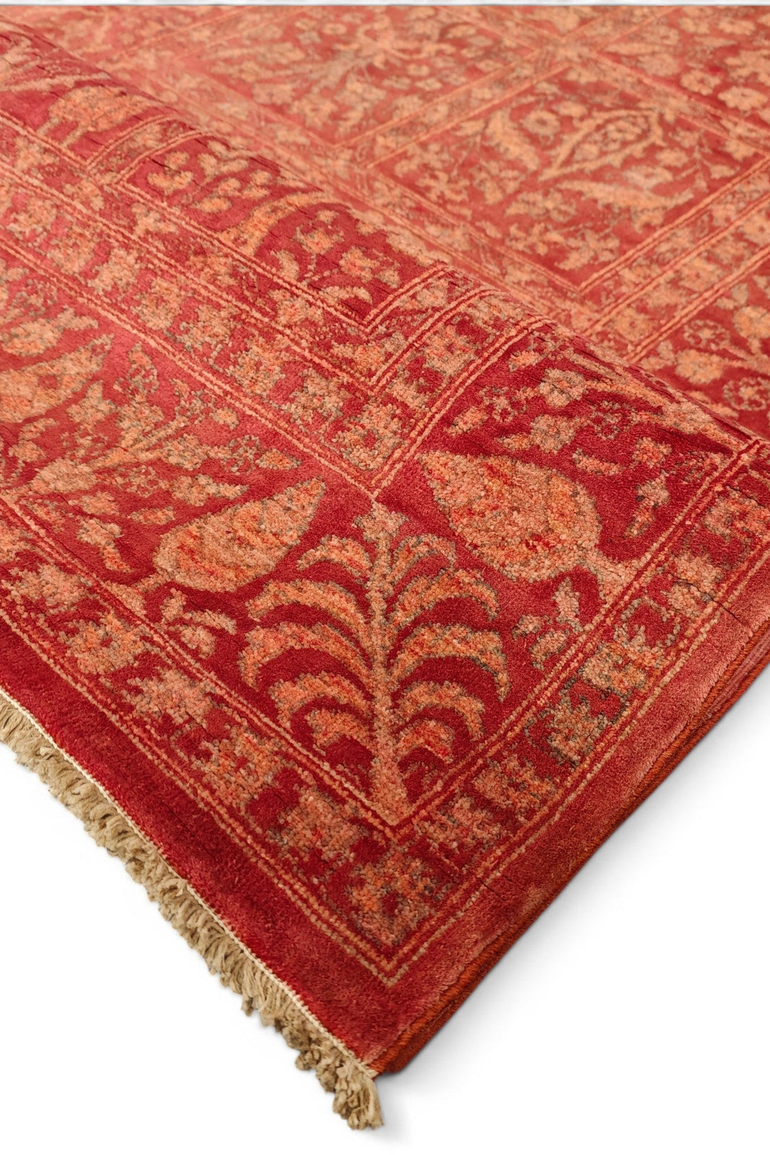 Terracotta Red Garden-Panel Ghazni, Hand-Knotted Afghan Wool &amp; Silk Rug