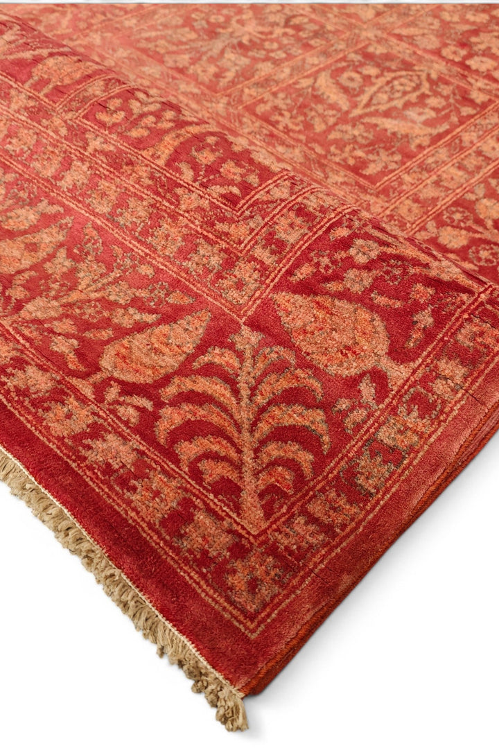 Terracotta Red Garden-Panel Ghazni, Hand-Knotted Afghan Wool &amp; Silk Rug