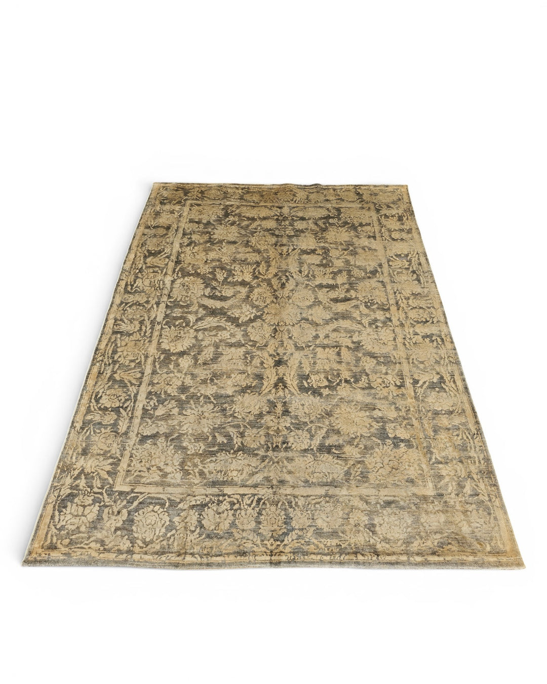 Charcoal &amp; Gold Floral Ghazni, Hand-Knotted Afghan Wool &amp; Silk Rug
