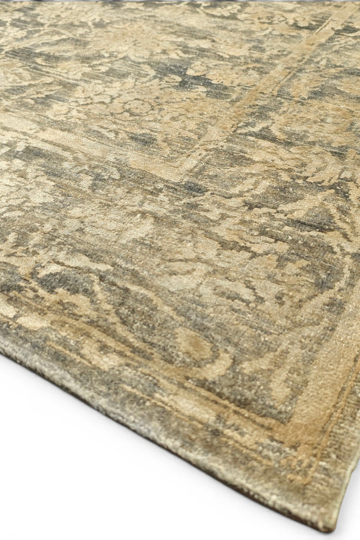 Charcoal &amp; Gold Floral Ghazni, Hand-Knotted Afghan Wool &amp; Silk Rug