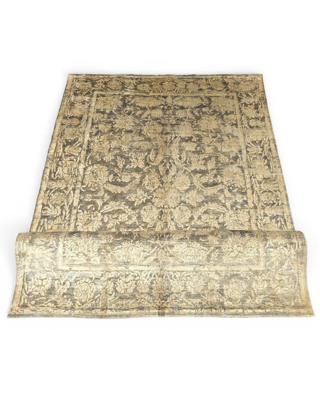Charcoal &amp; Gold Floral Ghazni, Hand-Knotted Afghan Wool &amp; Silk Rug