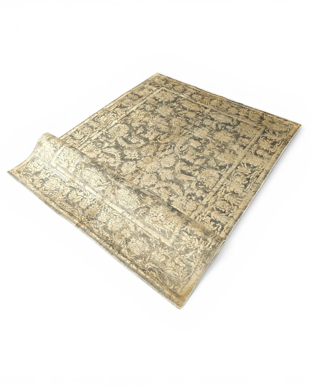Charcoal &amp; Gold Floral Ghazni, Hand-Knotted Afghan Wool &amp; Silk Rug