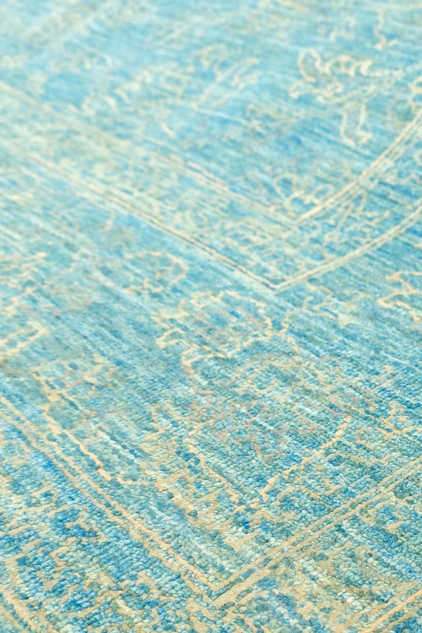 Turquoise Floral Ghazni, Hand-Knotted Afghan Wool &amp; Silk Rug
