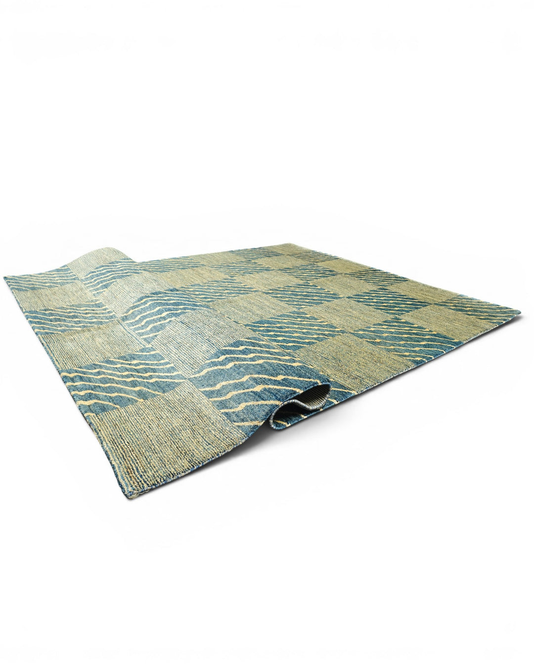 Blue &amp; Cream Checkerboard Gabbeh, Hand-Knotted Afghan Wool Rug
