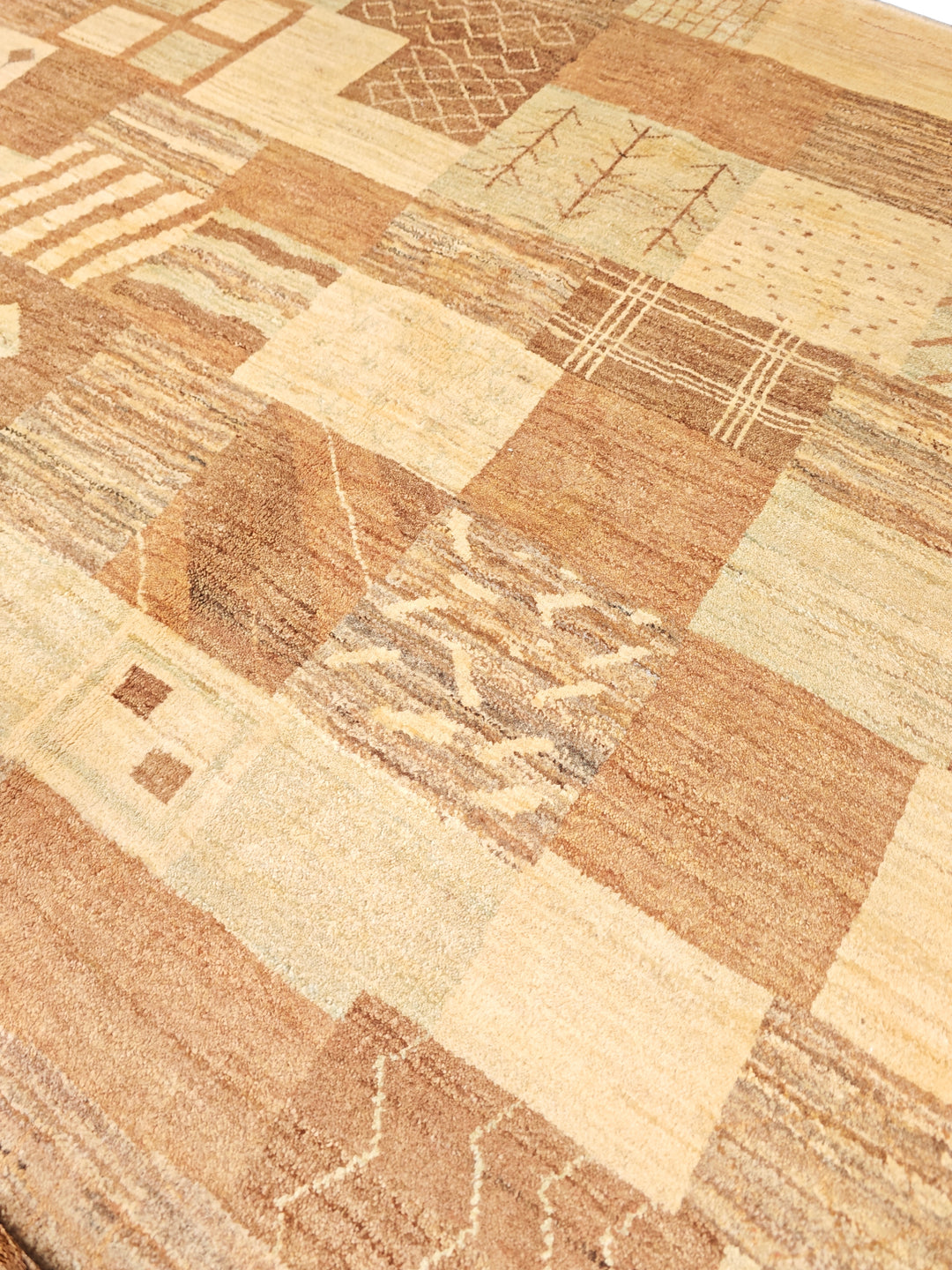 Earth-Tone Patchwork Gabbeh, Hand-Knotted Afghan Wool Rug