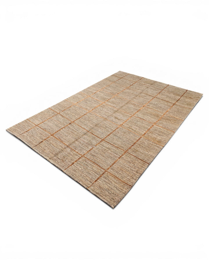 Greige &amp; Rust Grid Gabbeh, Hand-Knotted Afghan Wool Rug