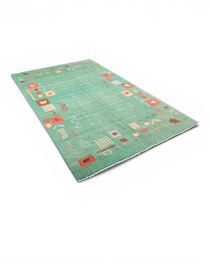 Sea-Green Tribal Motif Gabbeh, Hand-Knotted Afghan Wool Rug