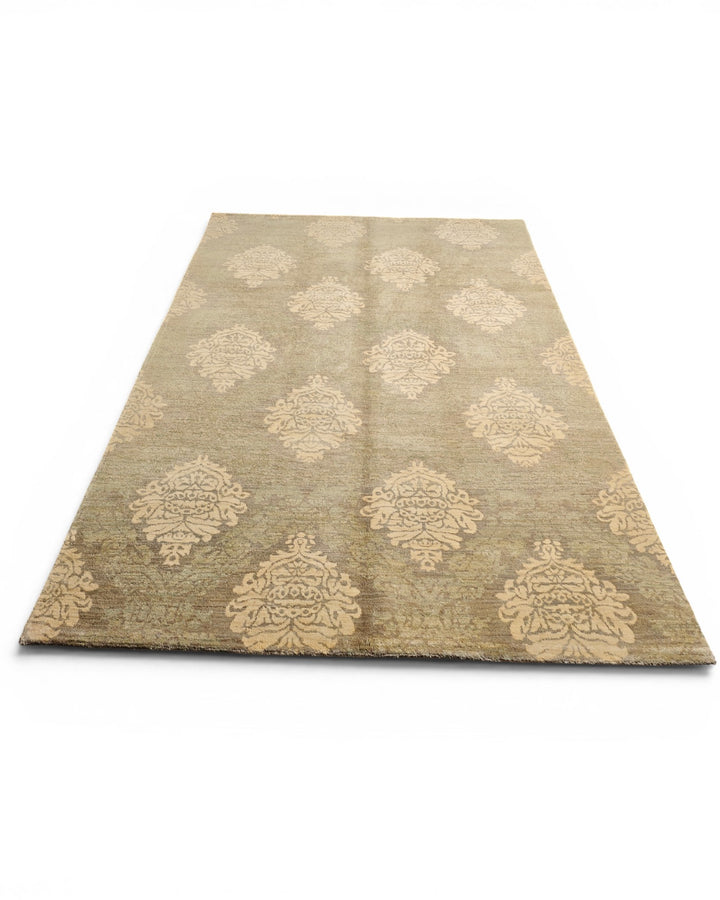 Sage &amp; Cream Damask Gabbeh, Hand-Knotted Afghan Wool Rug