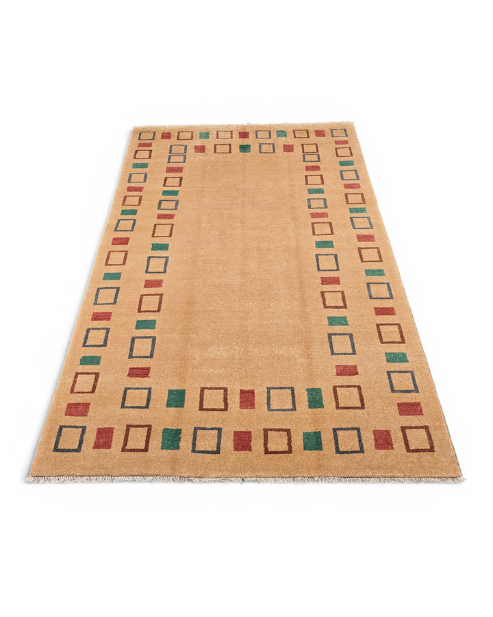 Camel Geometric Border Gabbeh, Hand-Knotted Afghan Wool Rug