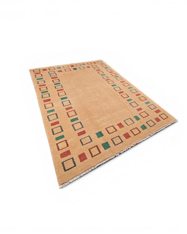 Camel Geometric Border Gabbeh, Hand-Knotted Afghan Wool Rug