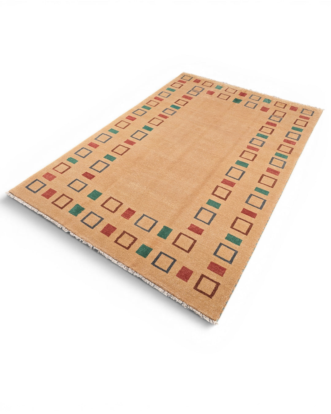 Camel Geometric Border Gabbeh, Hand-Knotted Afghan Wool Rug