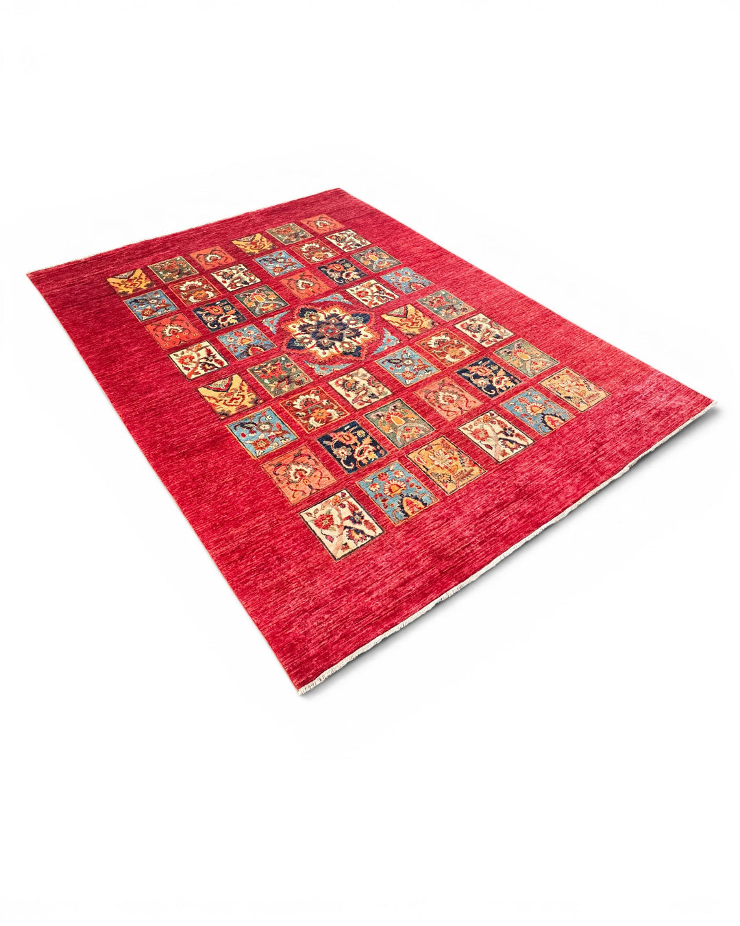 Red Garden-Panel Ghazni, Hand-Knotted Afghan Wool Rug