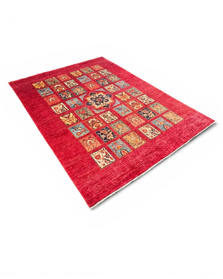 Red Garden-Panel Ghazni, Hand-Knotted Afghan Wool Rug
