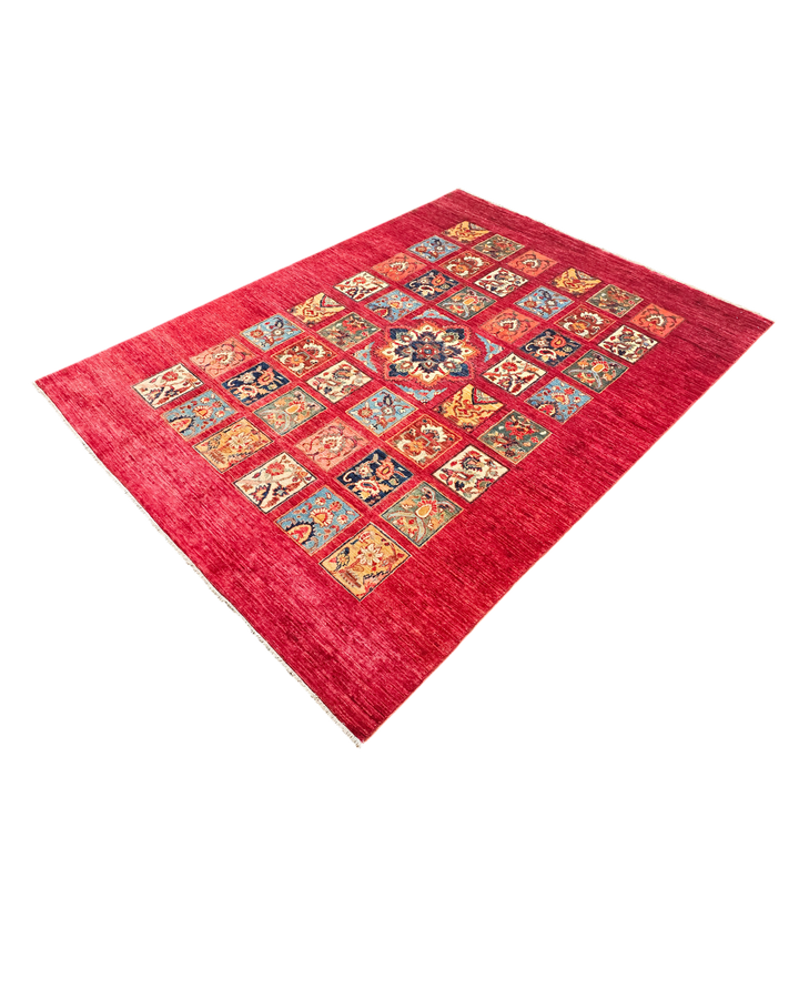Red Garden-Panel Ghazni, Hand-Knotted Afghan Wool Rug