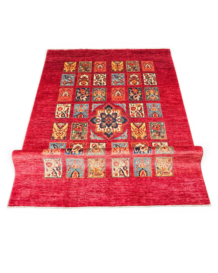 Red Garden-Panel Ghazni, Hand-Knotted Afghan Wool Rug