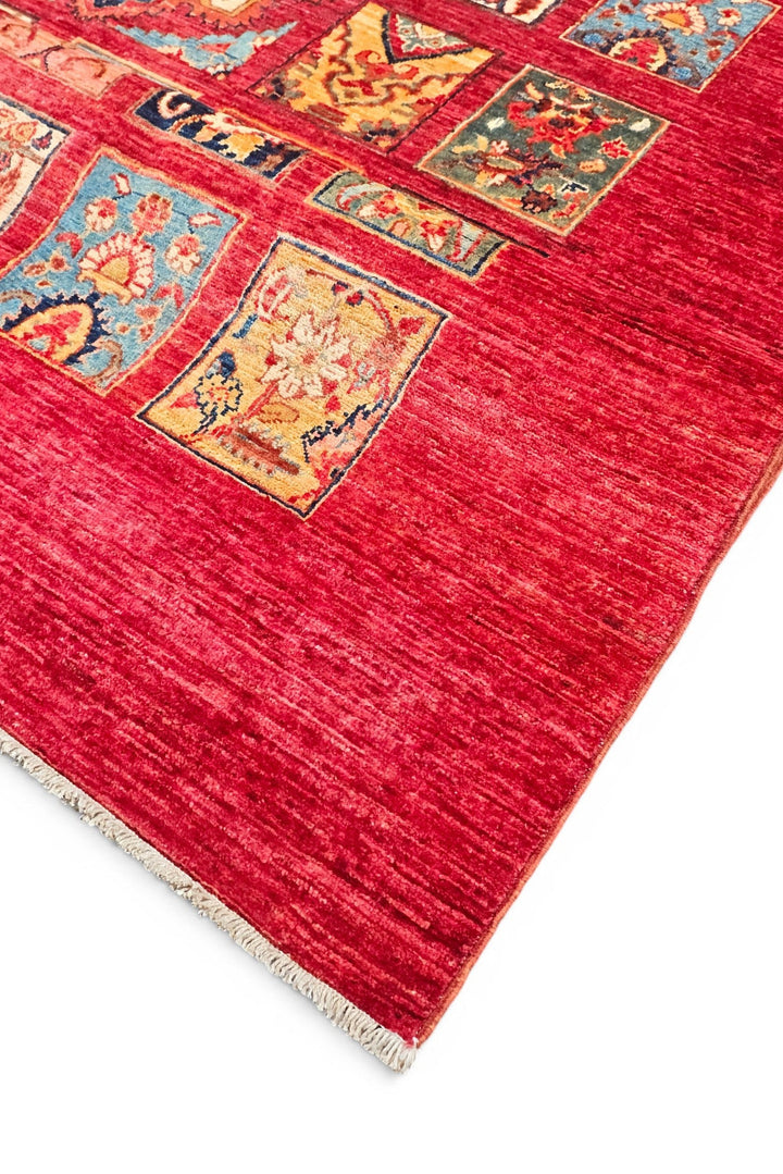 Red Garden-Panel Ghazni, Hand-Knotted Afghan Wool Rug