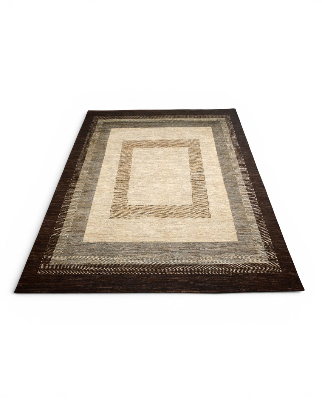 Cream &amp; Brown Graduated Border Ghazni, Hand-Knotted Afghan Wool Rug
