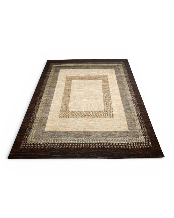 Cream &amp; Brown Graduated Border Ghazni, Hand-Knotted Afghan Wool Rug