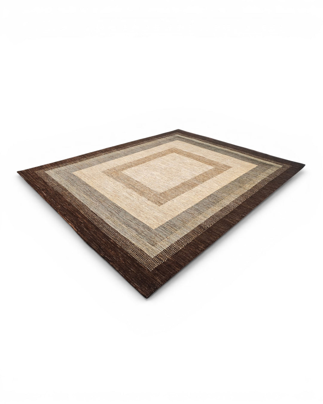 Cream &amp; Brown Graduated Border Ghazni, Hand-Knotted Afghan Wool Rug
