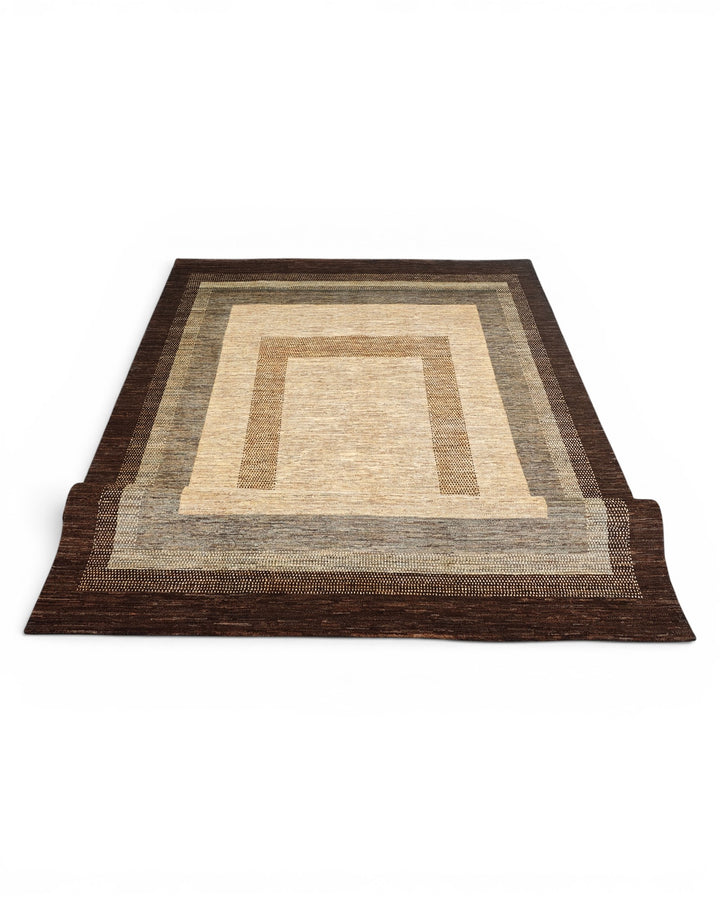 Cream &amp; Brown Graduated Border Ghazni, Hand-Knotted Afghan Wool Rug