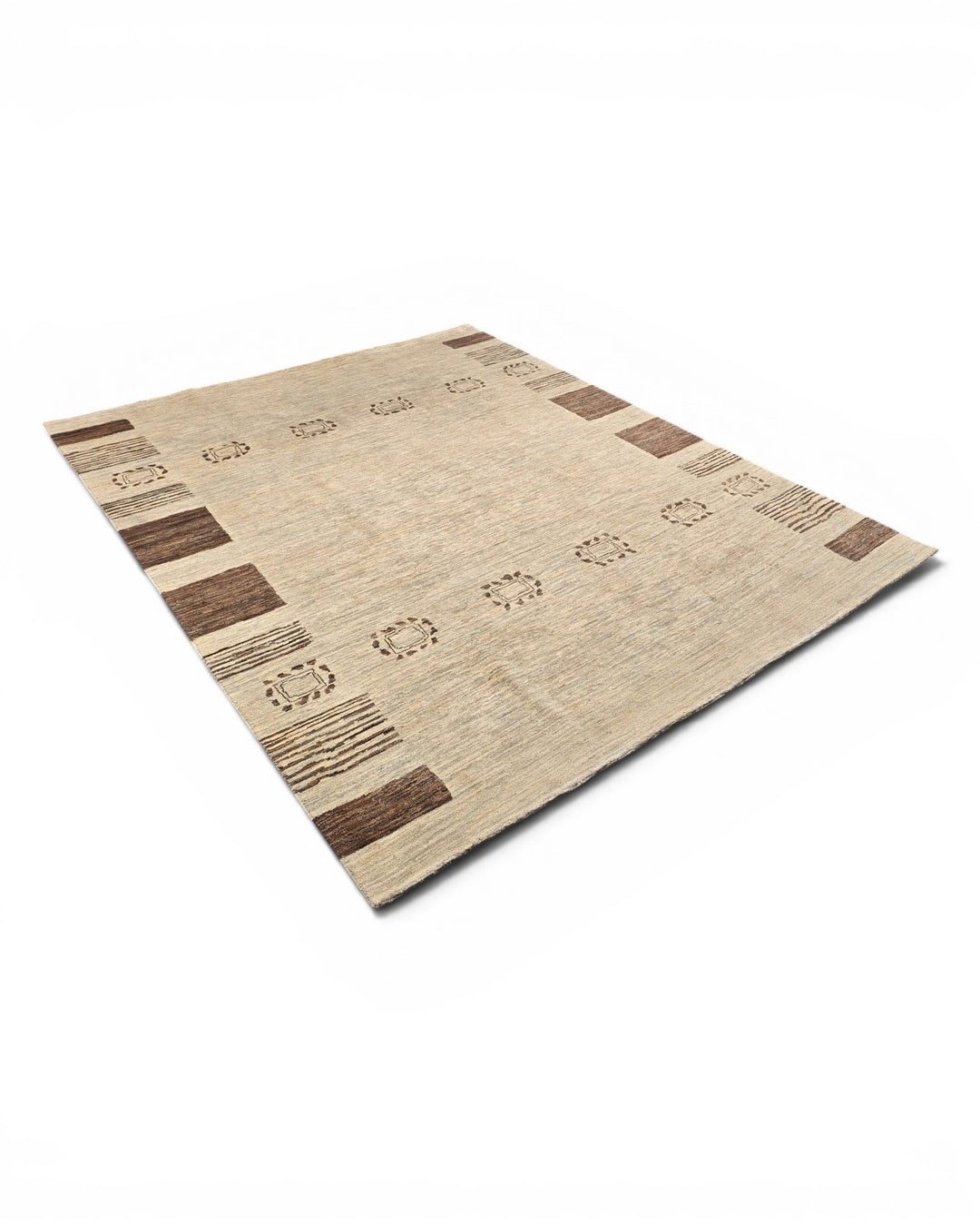 Natural Beige Tribal-Border Ghazni, Hand-Knotted Afghan Wool Rug