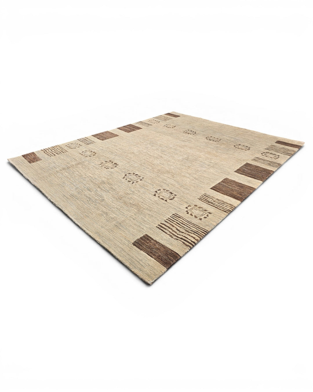 Natural Beige Tribal-Border Ghazni, Hand-Knotted Afghan Wool Rug