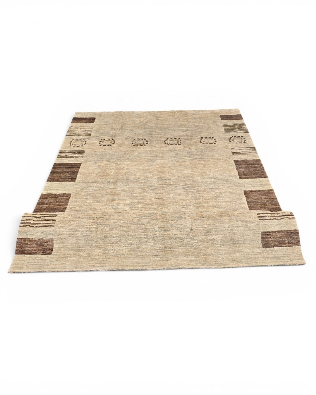 Natural Beige Tribal-Border Ghazni, Hand-Knotted Afghan Wool Rug