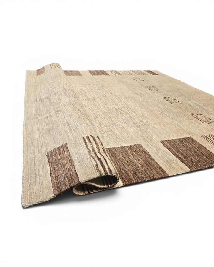 Natural Beige Tribal-Border Ghazni, Hand-Knotted Afghan Wool Rug