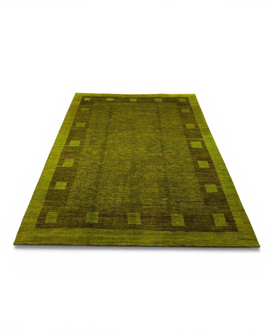 Olive Green Block-Border Ghazni, Hand-Knotted Afghan Wool Rug