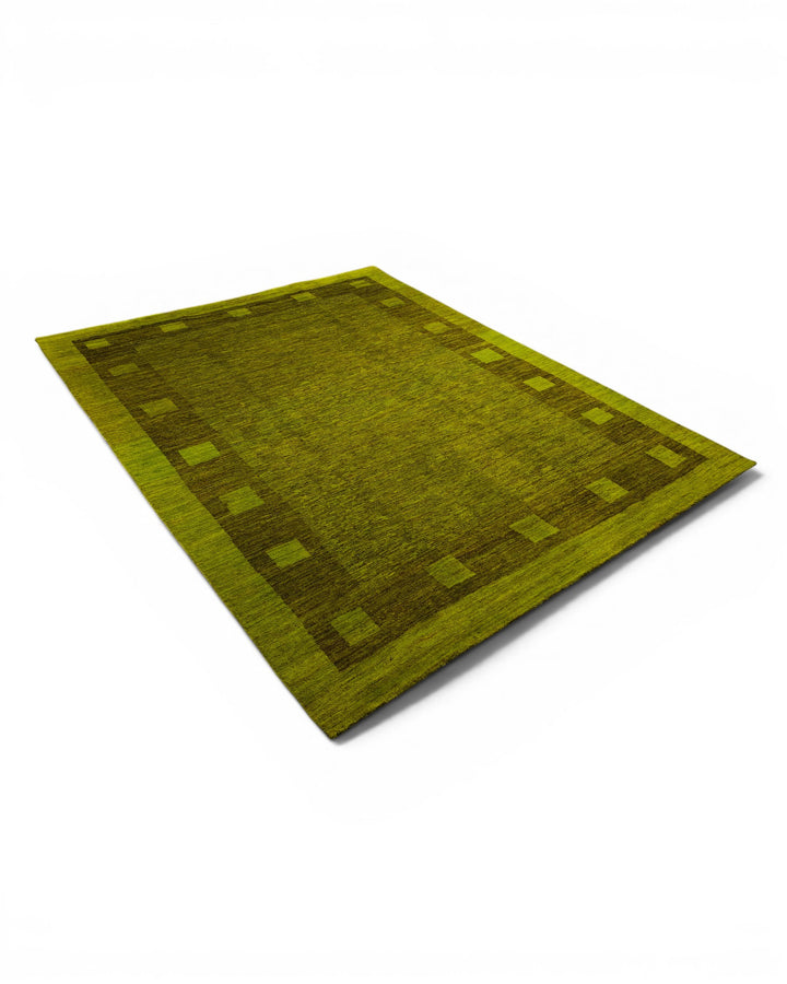 Olive Green Block-Border Ghazni, Hand-Knotted Afghan Wool Rug