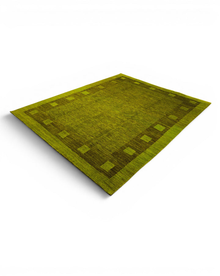 Olive Green Block-Border Ghazni, Hand-Knotted Afghan Wool Rug