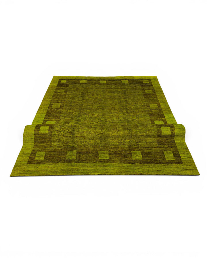 Olive Green Block-Border Ghazni, Hand-Knotted Afghan Wool Rug